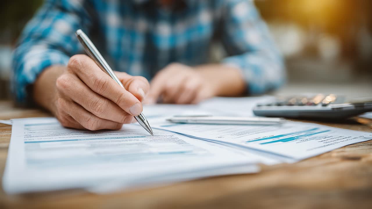 Focused Individual Completing Important Documents on a Table, Utilizing a Pen and Surrounded by Papers and a Calculator in an Outdoor Setting