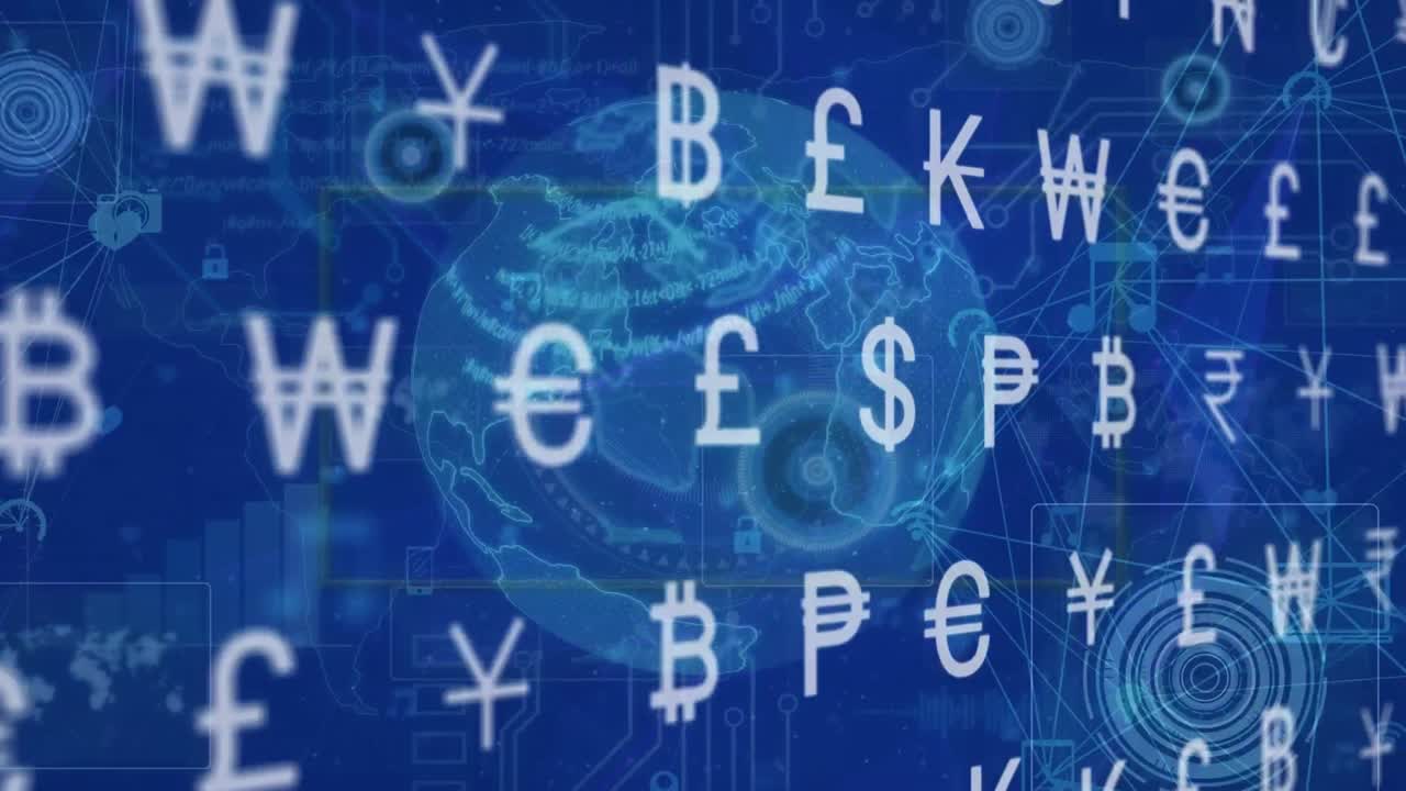 Animazione di simboli di valuta su sfondo blu.