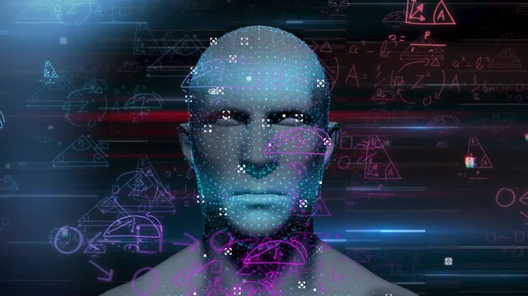 Animazione di testa digitale e equazioni matematiche su sfondo nero