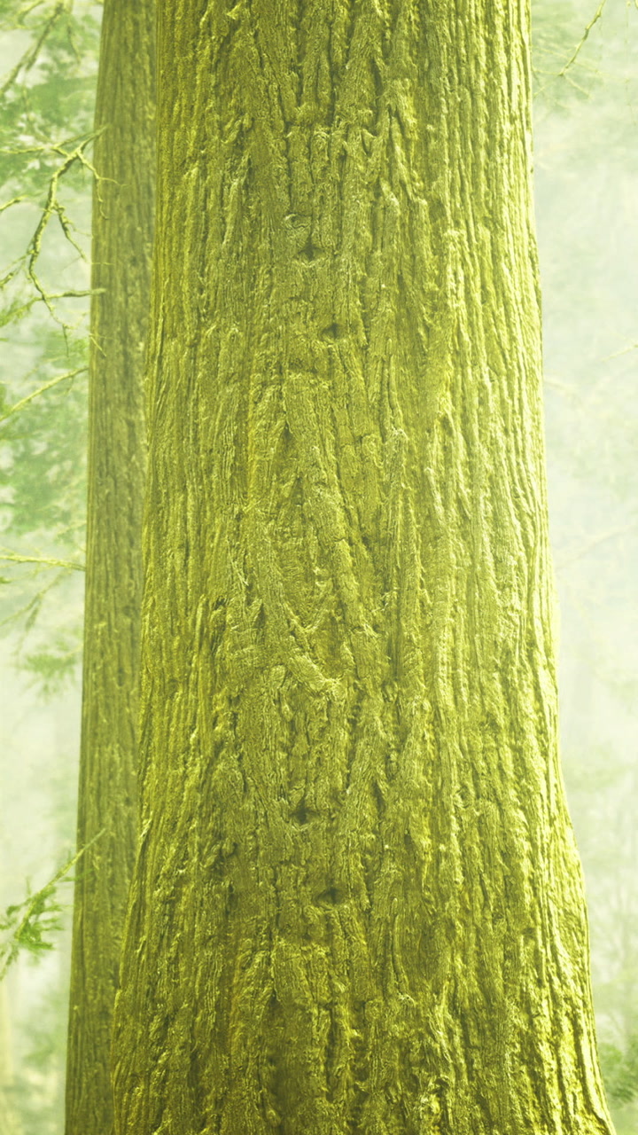 Sunlight shines on tall trees covered in moss in a forest