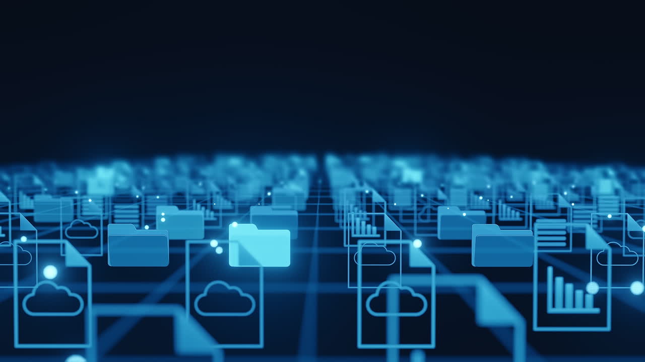 Abstract digital background showing documents, folders, and cloud icons connected by a grid network, representing data flow and management in a technological environment