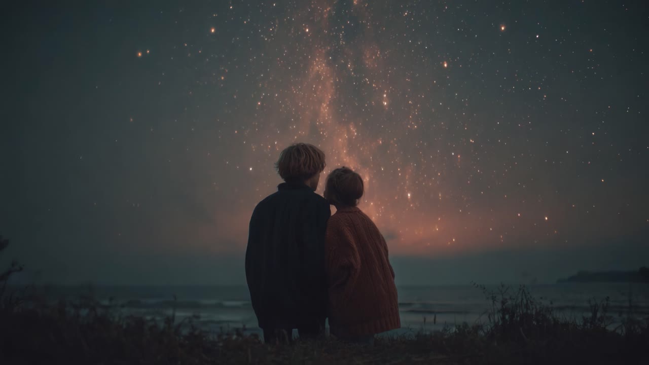 A Serene Evening by the Shore, Two Figures Silhouetted Against a Stunning Starry Sky, Gazing at the Beautiful Milky Way Illuminating the Ocean Horizon