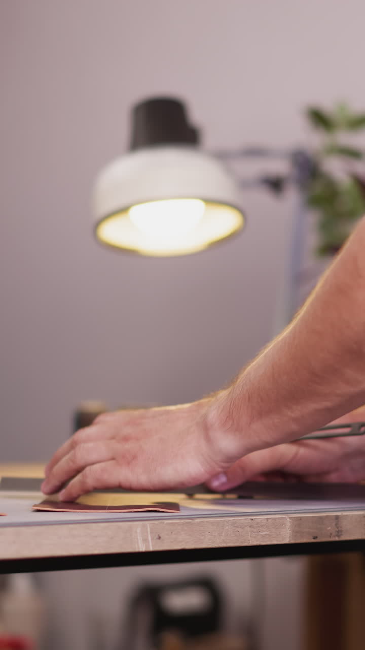Worker uses knife and metal ruler to cut leather sheet at workplace in domestic studio close rear view. Professional master processes natural material
