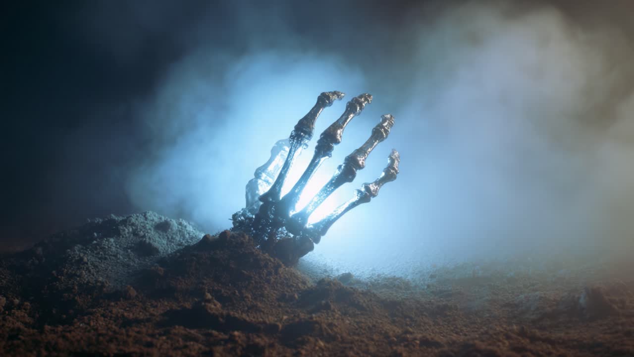 A skeletal hand emerges from the sands, illuminated by an eerie blue glow. The dramatic lighting enhances the haunting atmosphere, suggesting a forgotten presence beneath the earth