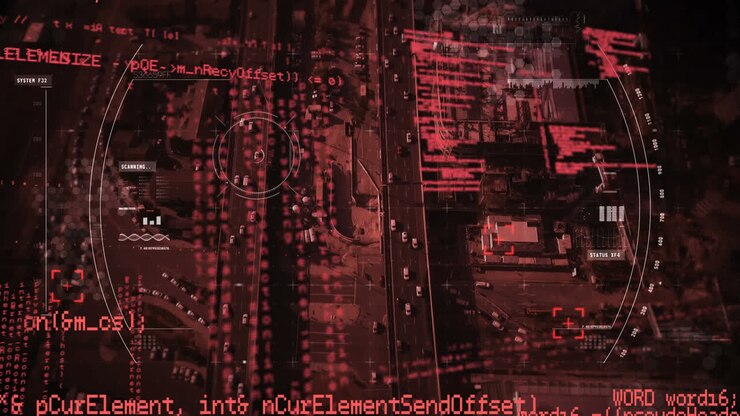 Animation of data processing and network of screens in background