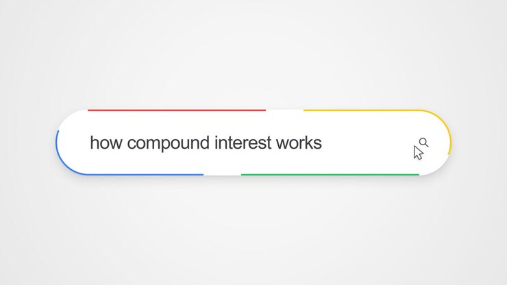 Close-up view of typing "how compound interest works" into an online search bar with a cursor clicking the search icon, illustrating internet search and personal finance education