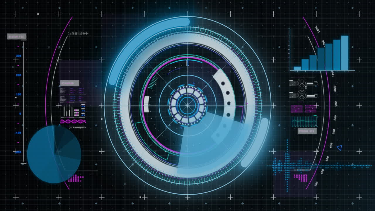 animación del procesamiento de datos sobre cuadrícula y fondo oscuro