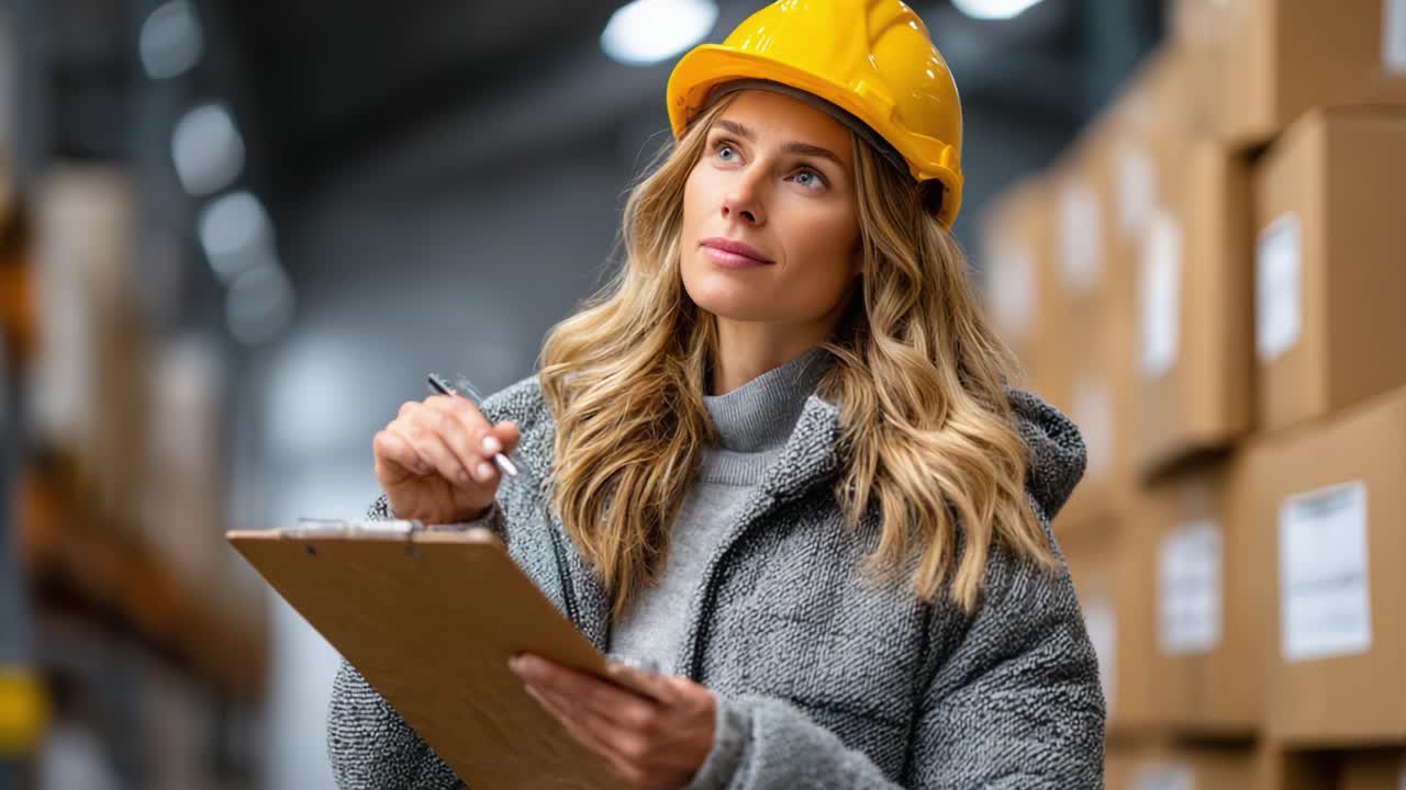 A focused woman wearing a yellow hard hat and gray coat reviews her clipboard while surveying a well-organized warehouse, demonstrating professionalism and organization in her work environment