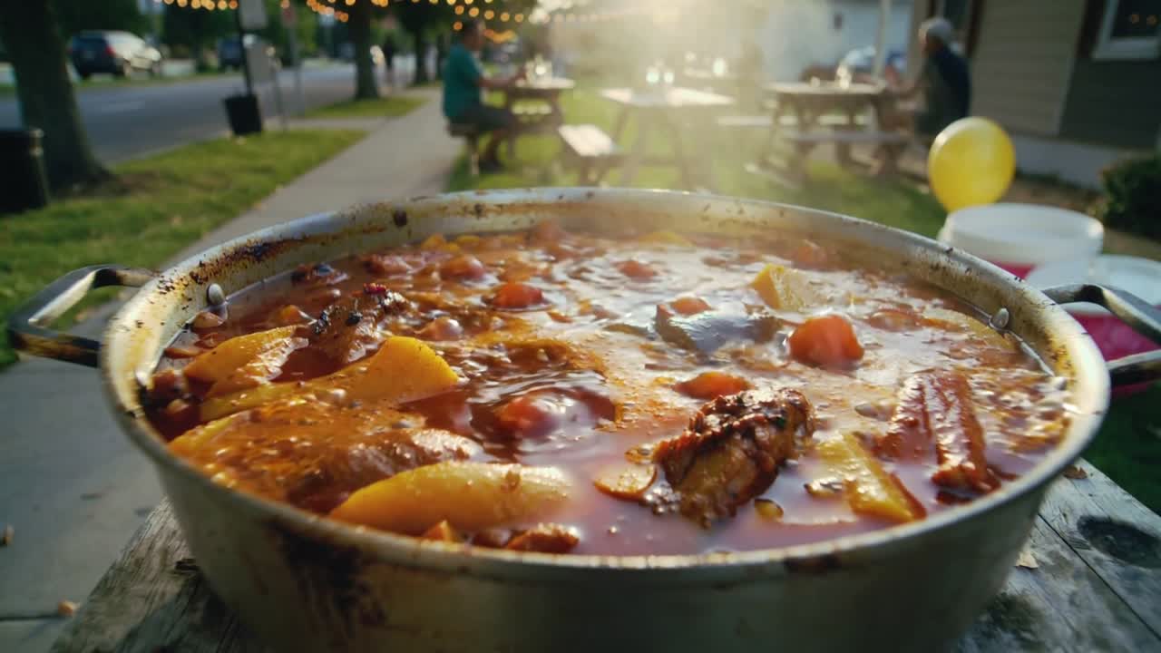 Câmera recuando revelando panela fervendo na calçada, vizinhos se reunindo para uma refeição.