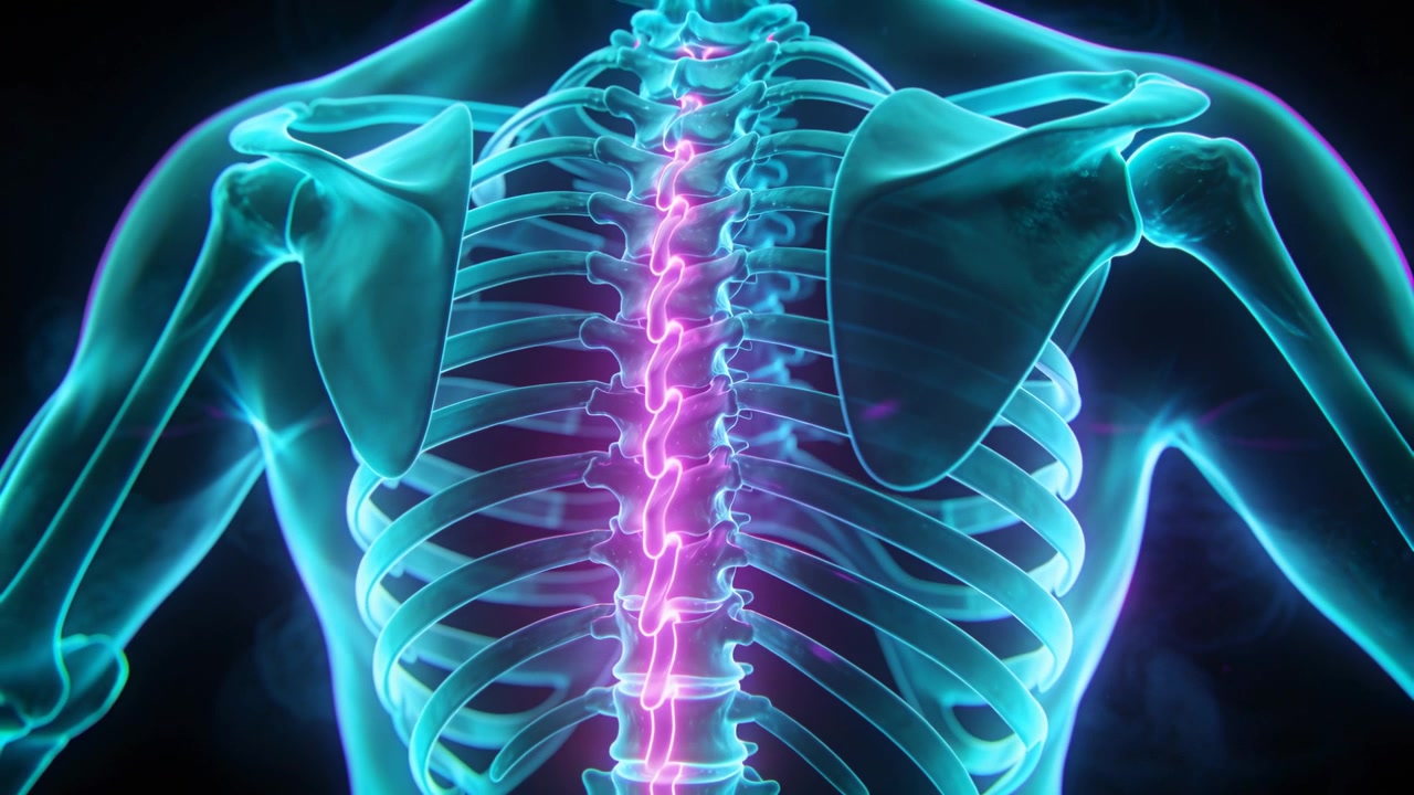 Light shift causing pulsing rear torso showing neon spinal cord, scapulae in clinical CGI for study