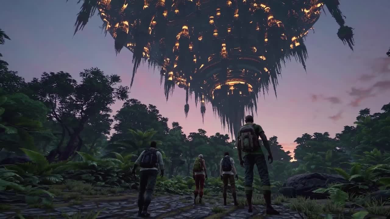 Four adventurers in a jungle gaze at a floating, illuminated structure