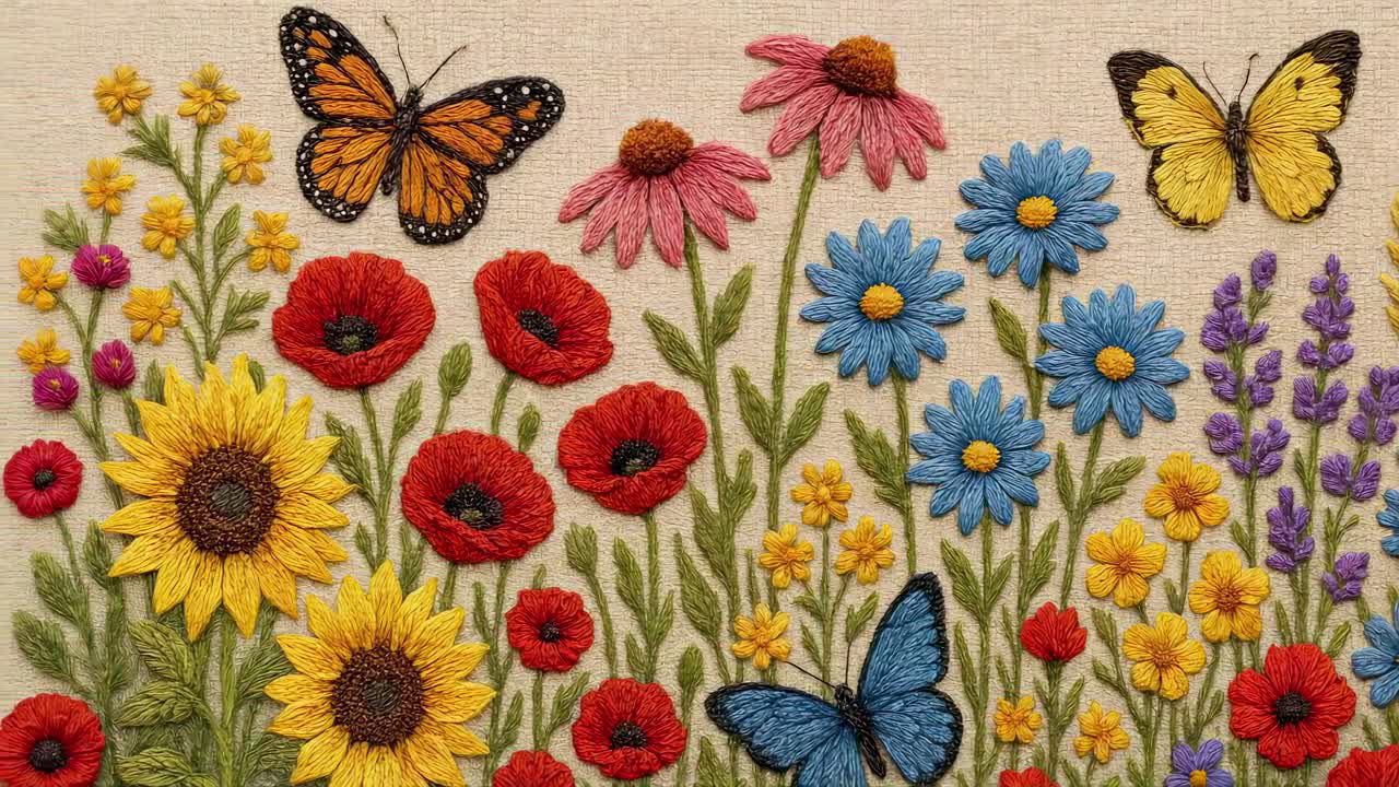 Colorful embroidery of flowers and butterflies, captured from a top-down angle