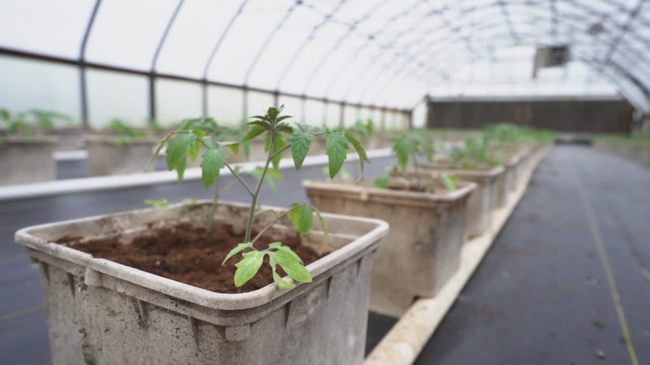 Young tomato plants recently transplanted into buckets in a greenhouse.