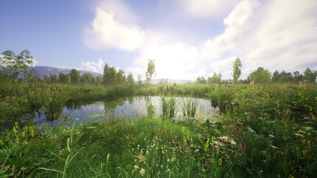 Gentle ripples in reflective pond amidst lush grass and bright blossoms