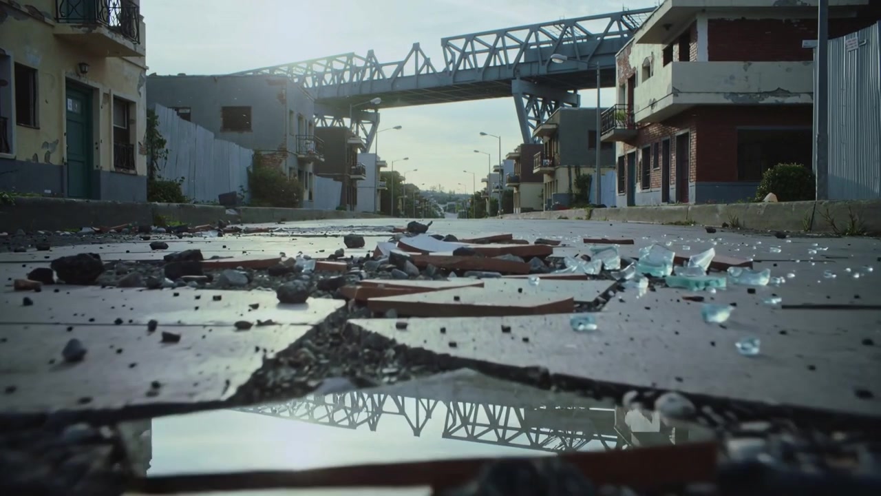 Starting low sweep, camera showing broken tiles, green glass on street, capturing bridge in puddle