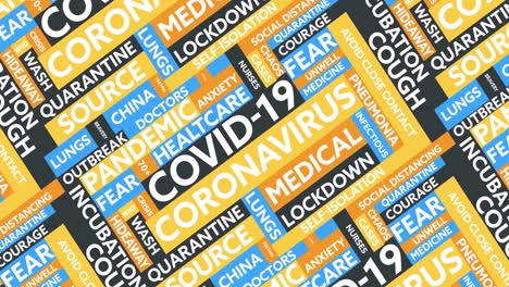 Coronavirus-Konzepttexte-In-Bunten-Bannern,-Die-Sich-Vor-Grauem-Hintergrund-Bewegen