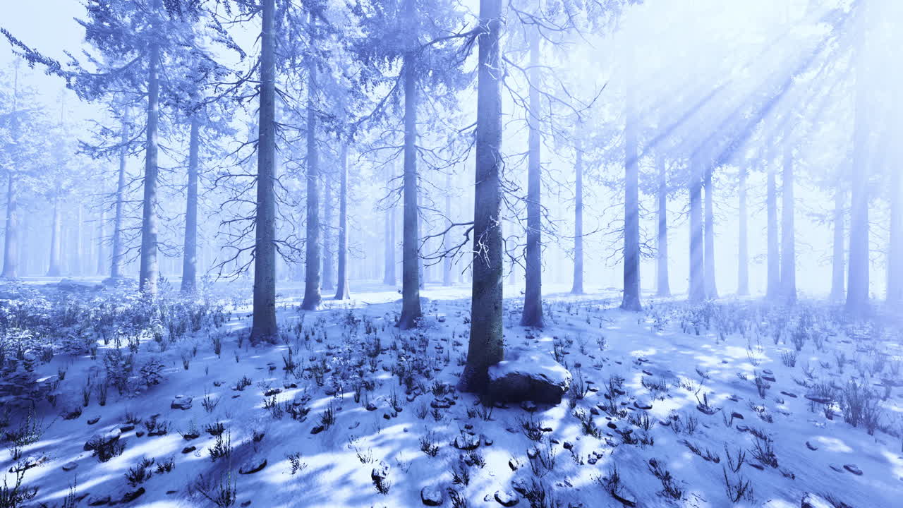 Winter forest landscape with soft sunlight filtering through snow covered trees