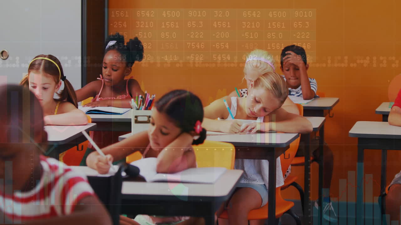 Children studying in classroom with data processing animation over them