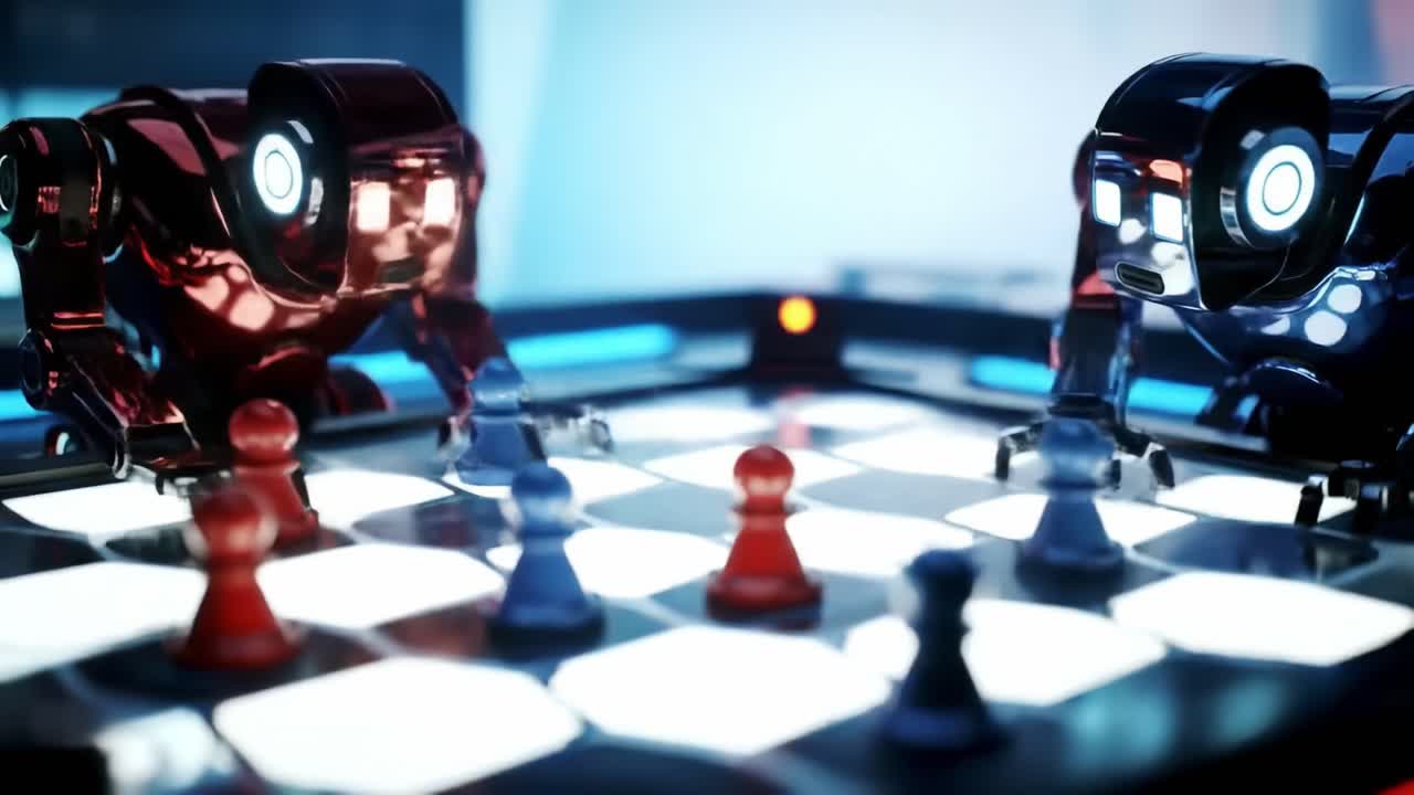 Two advanced robots compete in a chess match on a sleek board, moving pieces in a high-tech environment filled with colorful lights and a modern ambiance.