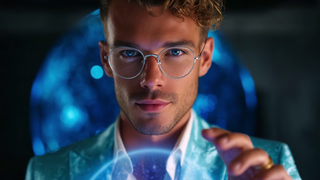 Un uomo misterioso con gli occhiali tiene in mano una sfera luminosa, emanando sicurezza e incanto in un ambiente futuristico, catturando lo spettatore con il suo sguardo intenso