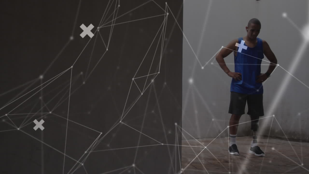 animación de la red de comunicación moviéndose sobre un atleta masculino con una pierna protésica descansando al aire libre