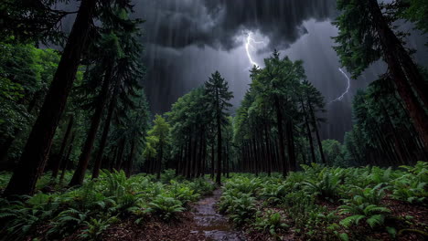 dramatic lightning strike in a dark, rainy forest