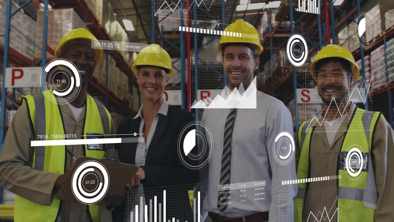 Woman leader checking clipboard, starting inventory, HUD graphics overlaying racks and team posing