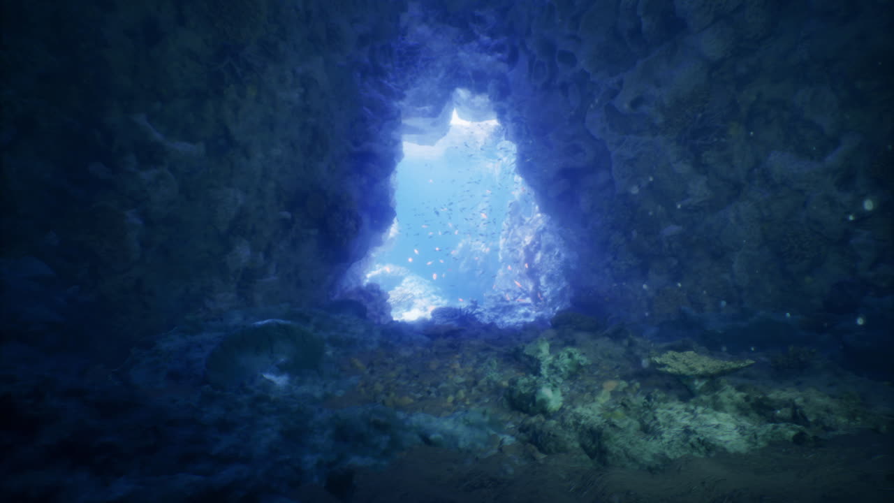 Underwater cave view with sunlight streaming through rocky formations