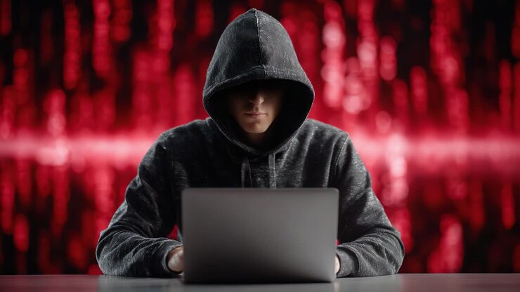 Una figura misteriosa impegnata in attività informatiche, avvolta nell'ombra con un intenso sfondo digitale rosso, cattura l'essenza della moderna cultura e tecnologia dell'hacking