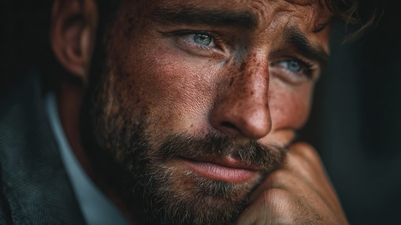 Un momento di riflessione: ritratto intenso di un uomo pensieroso con penetranti occhi azzurri e una barba folta, che evoca emozioni e profondità nella sua espressione