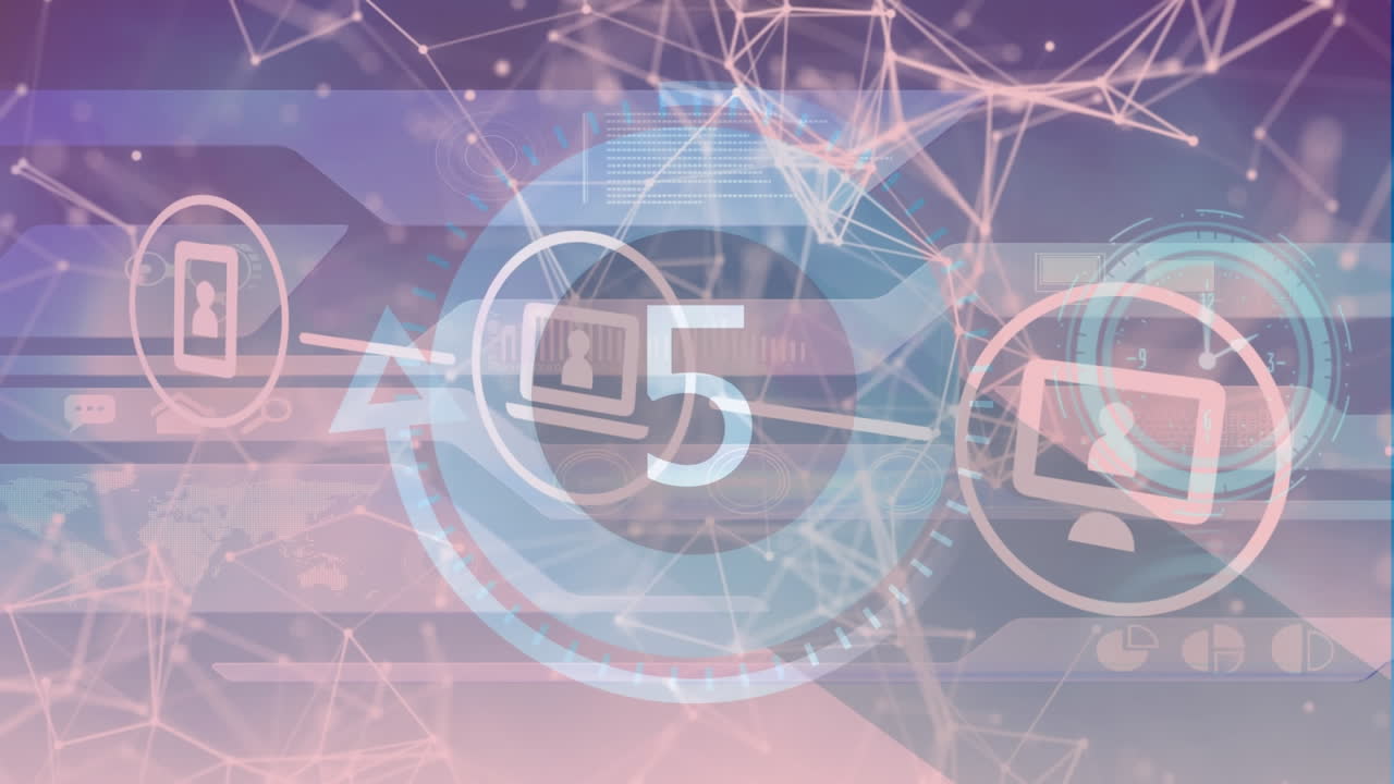 아이콘을 가진 연결 네트워크의 애니메이션 범위 스캔과 카운트다운