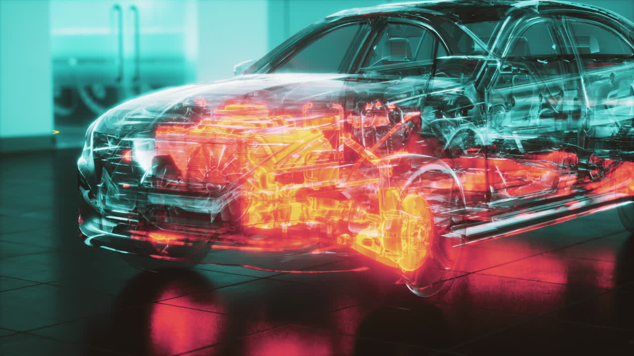 transparent car with engine in laboratory