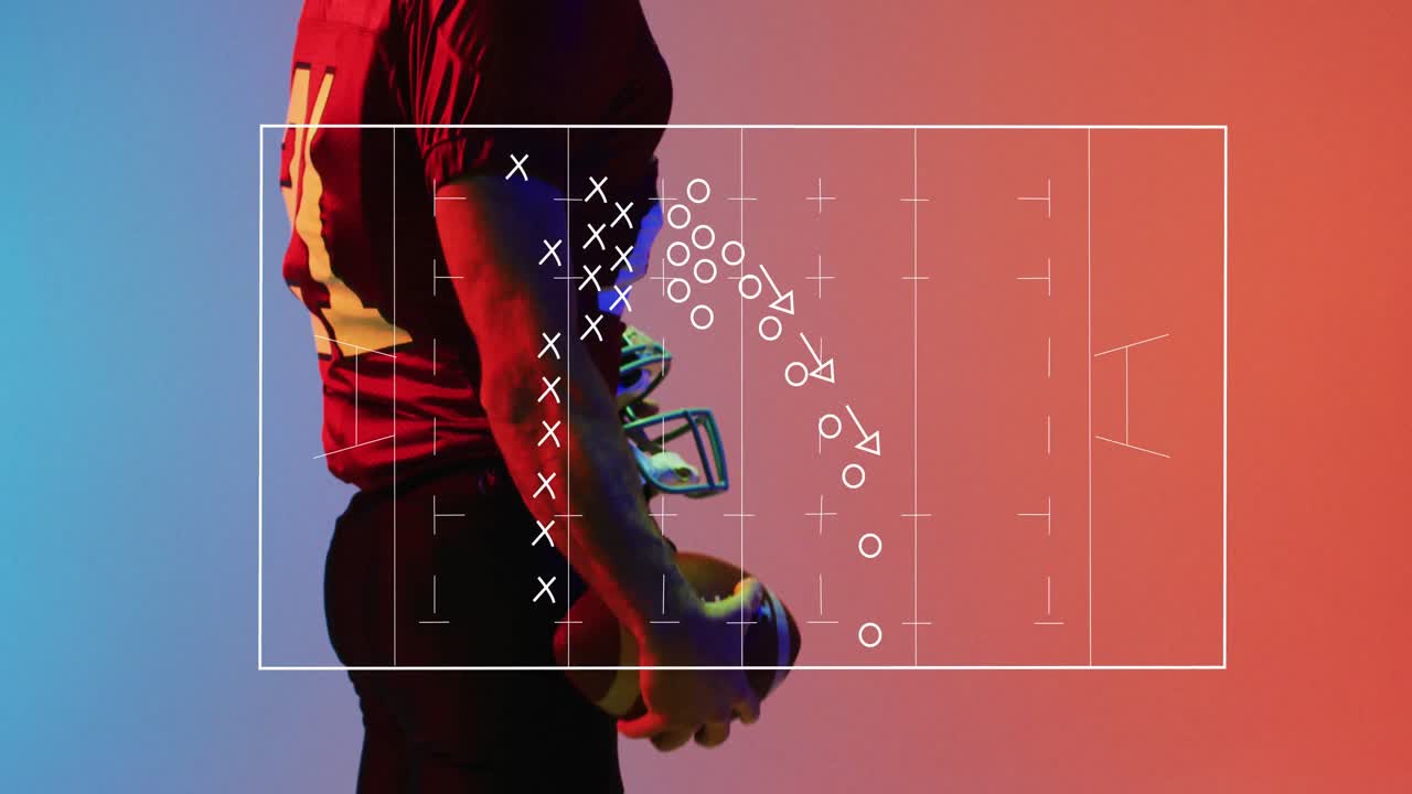 Animation of sports field drawing over american football player on neon background