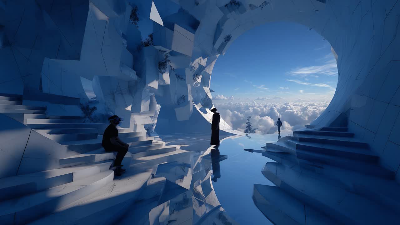 A Dreamlike Journey Through a Surreal Blue Realm: Two Frames Exploring the Intricate Structures and Ethereal Atmosphere of a Fantastical Landscape Filled with Wonder and Imagination