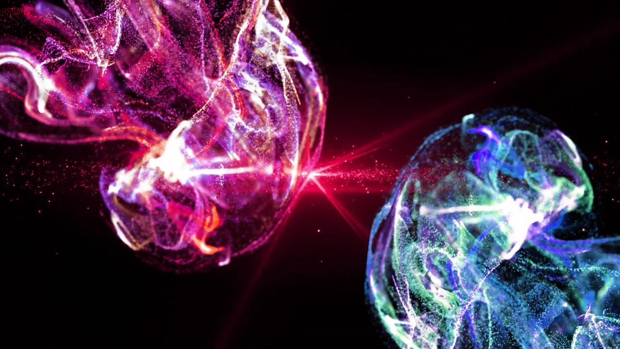 Esplosione stellare rossa che emerge, sfere di plasma energizzanti che ondeggiano verso l'interno ed emettono un alone di polvere