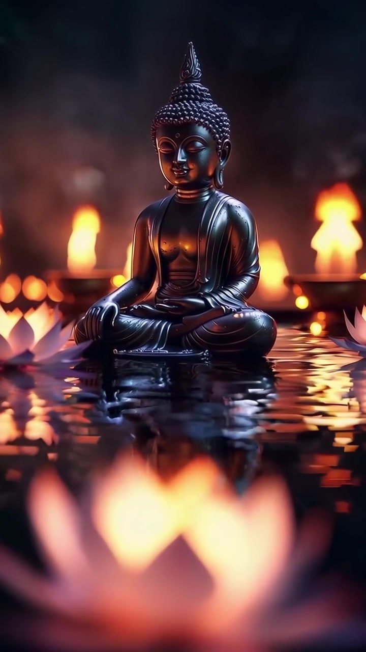Statua serena di Buddha circondata da fiori di loto galleggianti e lume di candela