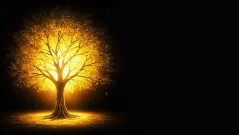 a glowing tree illuminated by golden light: a beautiful representation of nature's magic, evoking feelings of warmth and serenity in a dark environment