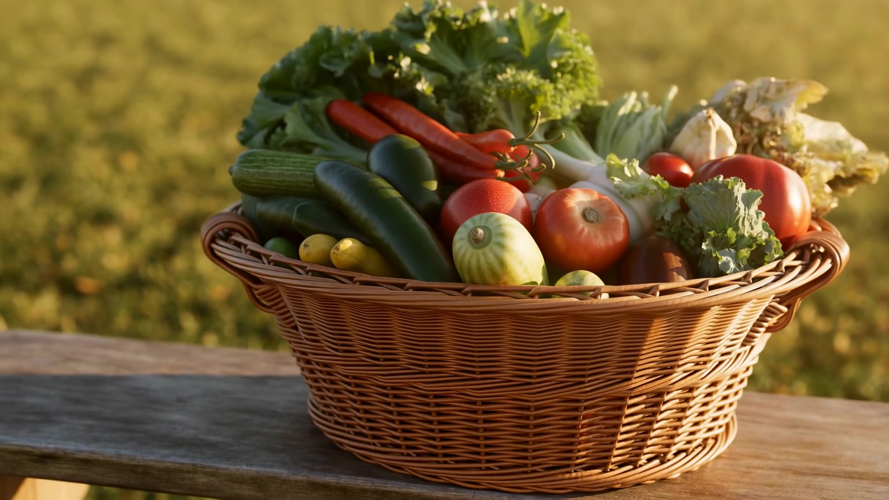 Wicker basket overflowing with assorted fresh vegetables sits on wooden table outdoors during warm golden hour light, illuminated by directional side/backlight from right that creates warm rim