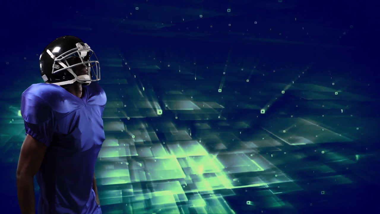 Football player adjusting helmet over digital grid animation