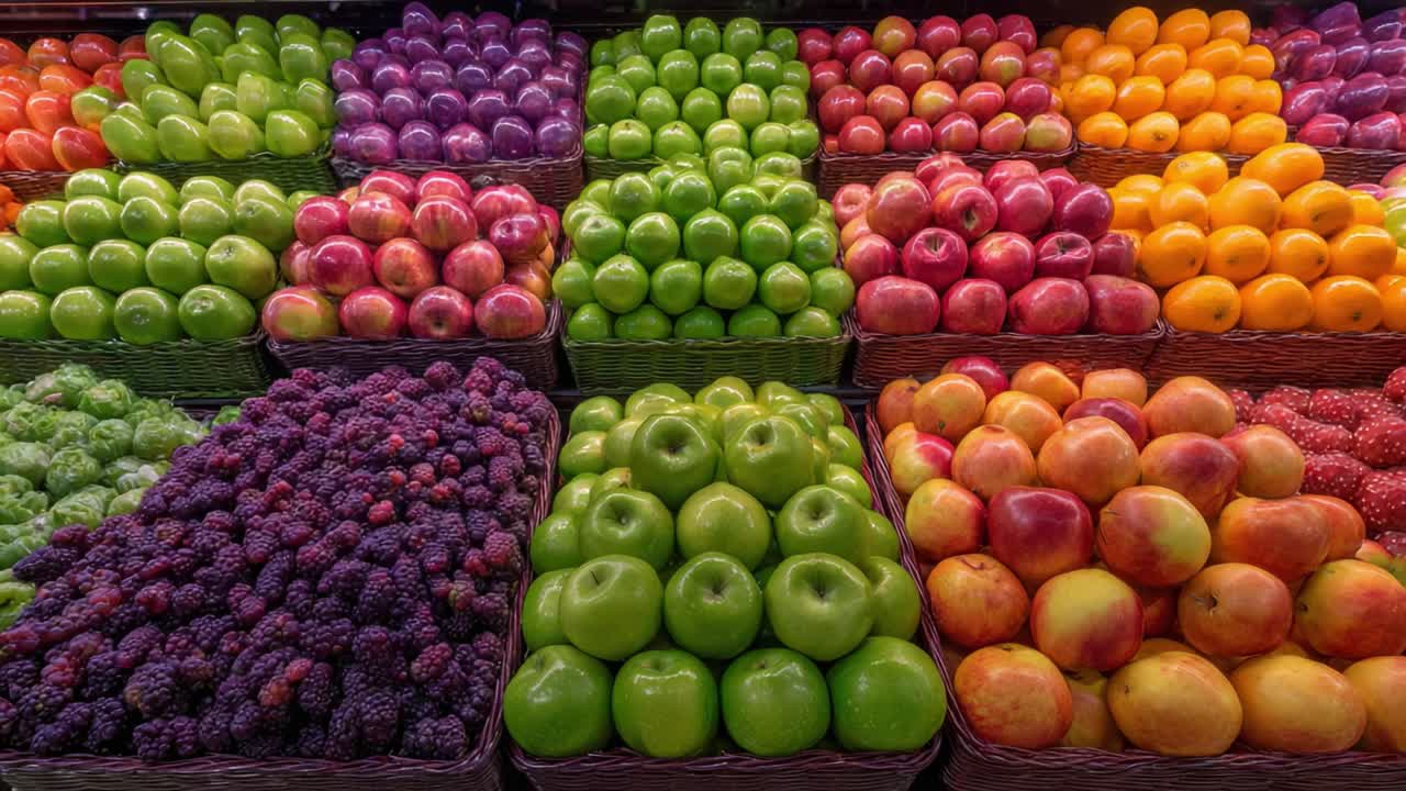 An Abundant Display of Fresh Fruits Showcasing a Vibrant Array of Colors with Green Apples, Red Apples, Berries, and Many More Fresh Produce Varieties in Baskets