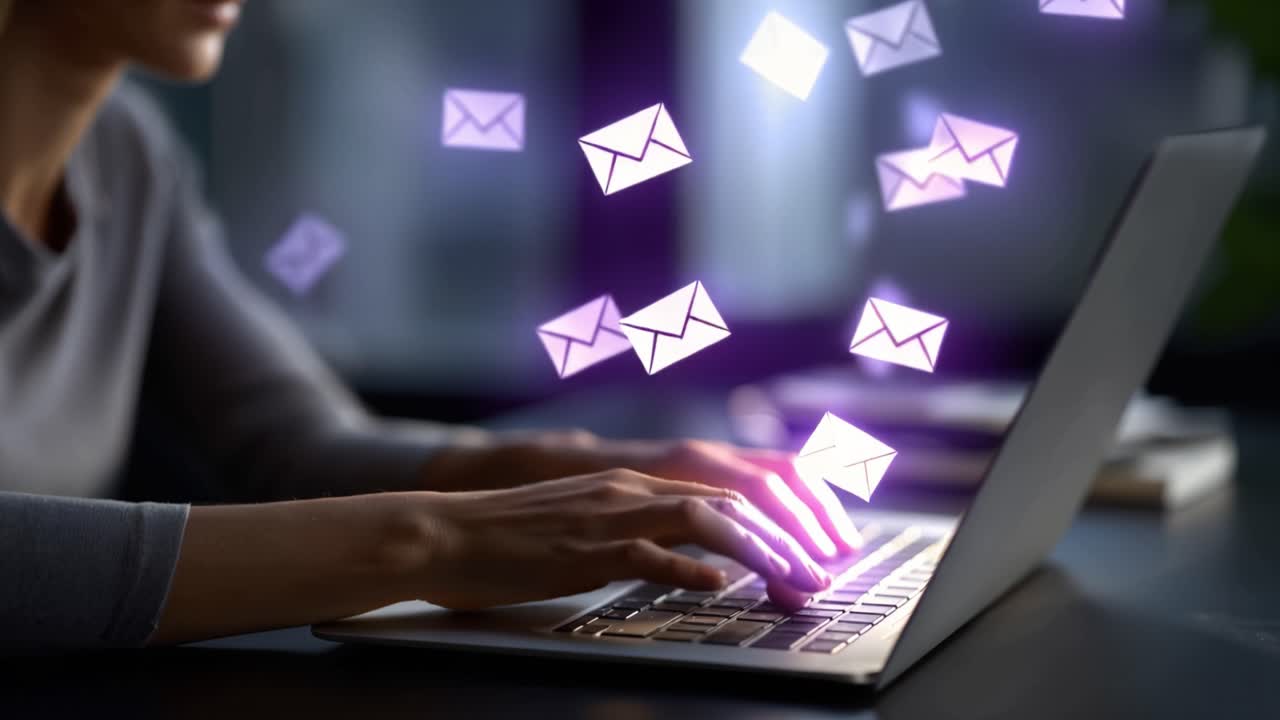 Una persona impegnata nella comunicazione digitale mentre digita su un laptop, con notifiche email virtuali che appaiono come buste a rappresentare i messaggi in arrivo in uno spazio di lavoro moderno.
