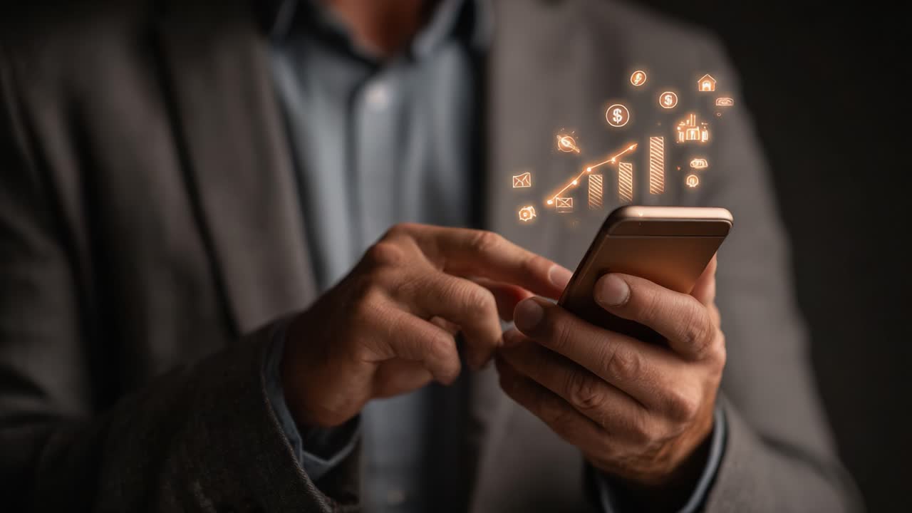 A Professional Man Using a Smartphone for Financial Analysis and Communication with Graphs, Dollar Signs, and Digital Icons Illustrating Money Management and Investments