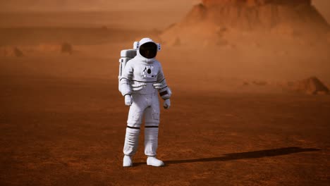astronaut on mars surface. red planet covered in gas and rock