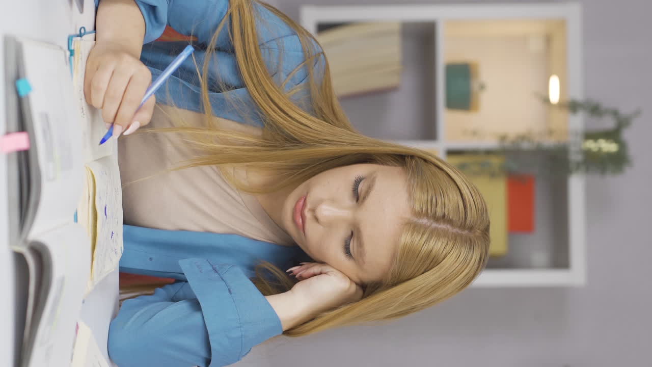 공부에 지루한 여학생의 수직 비디오.