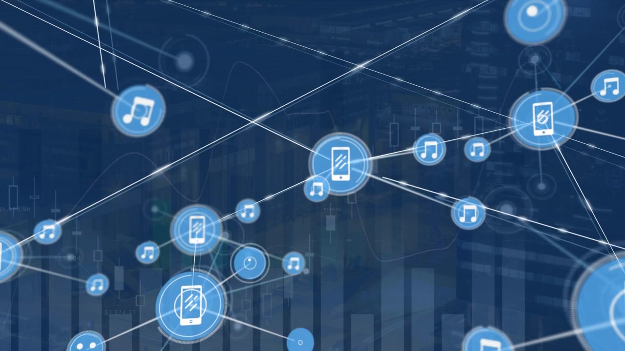 Animation of cellphones, music notes connecting with lines against bara graph