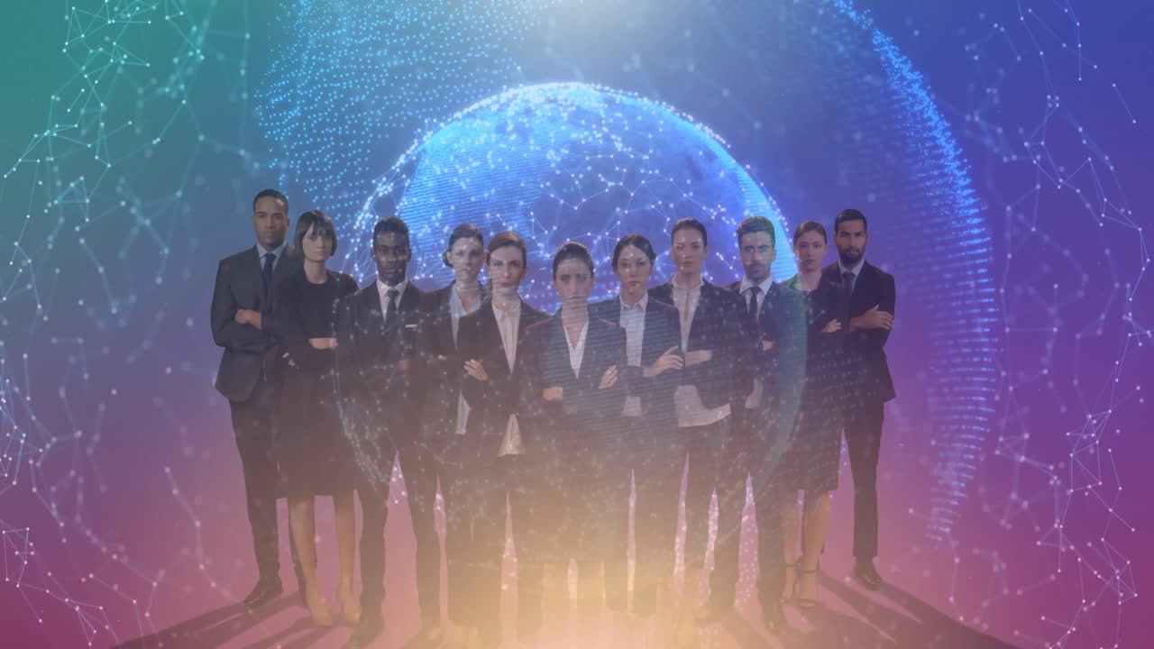 연결 네트워크를 가진 전 세계 사업가 그룹의 애니메이션