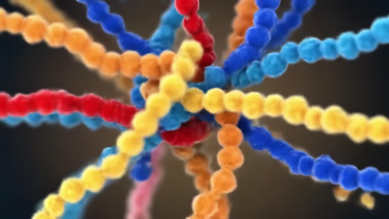 Intricate strands of vibrant colors twist and turn, showcasing the beauty of molecular structures in a dynamic and educational environment. Engage with science through this captivating visual.