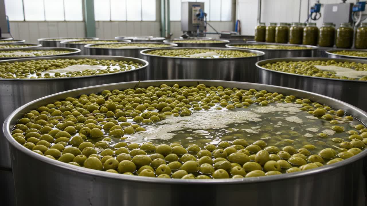 A Close-Up View of Large Containers Filled with Green Olives Soaking in Brine, Showcasing the Intensive Process of Olive Preservation in a Food Production Facility