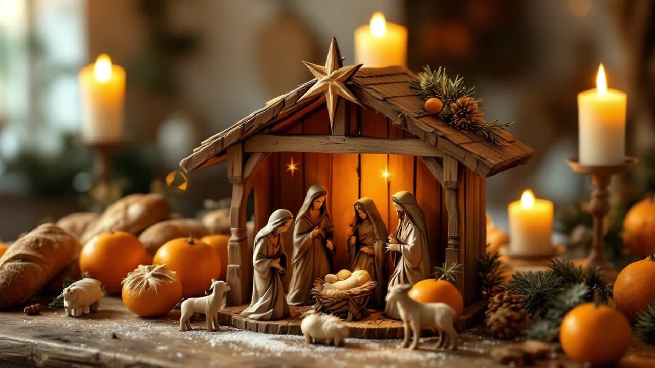 Nativity scene with figures, candles, and oranges creating a warm festive atmosphere