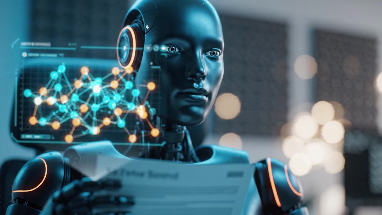A futuristic robot analyzing data with visual graphs and interfaces, showcasing advanced technology and artificial intelligence in a modern workspace environment.